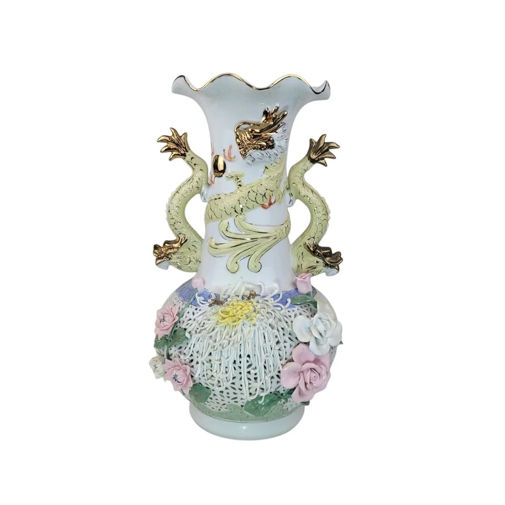 Vintage Large Porcelain Dragon Handle Reticulated Floral Vase Gold‎ Gilt 17 Inch